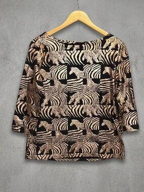 Rebecca Malone Metallic Gold Foil Zebra Print Top L Boat Neck 3/4 Sleeve Black